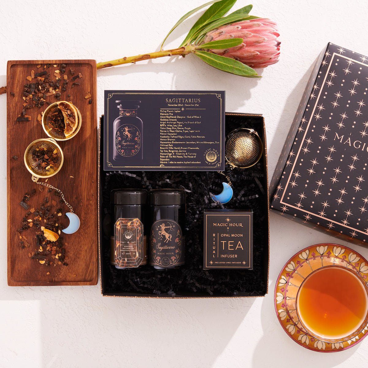 Cosmic Gemstone Mini Gift Set: Astrology Tea &amp; Gemstone Wellness Tea Curated by Birth Month-December: Sagittarius Sampler Pouch with Onyx Traveler Jar-Magic Hour