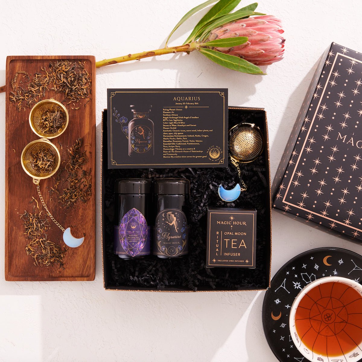 Cosmic Gemstone Mini Gift Set: Astrology Tea &amp; Gemstone Wellness Tea Curated by Birth Month-February: Aquarius Sampler Pouch with Amethyst Traveler Jar-Magic Hour