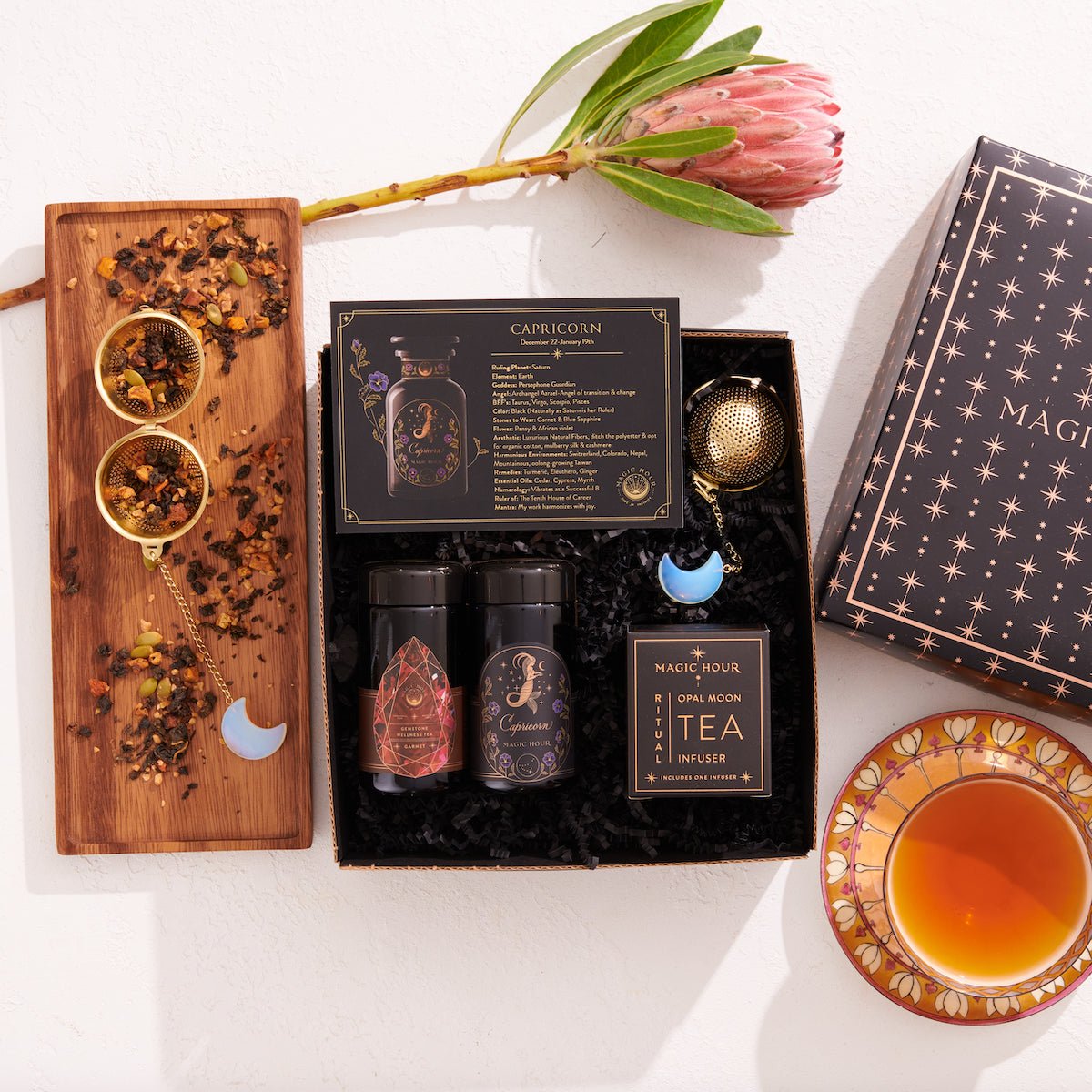 Cosmic Gemstone Mini Gift Set: Astrology Tea & Gemstone Wellness Tea Curated by Birth Month-January: Capricorn Sampler Pouch with Garnet Traveler Jar-Magic Hour