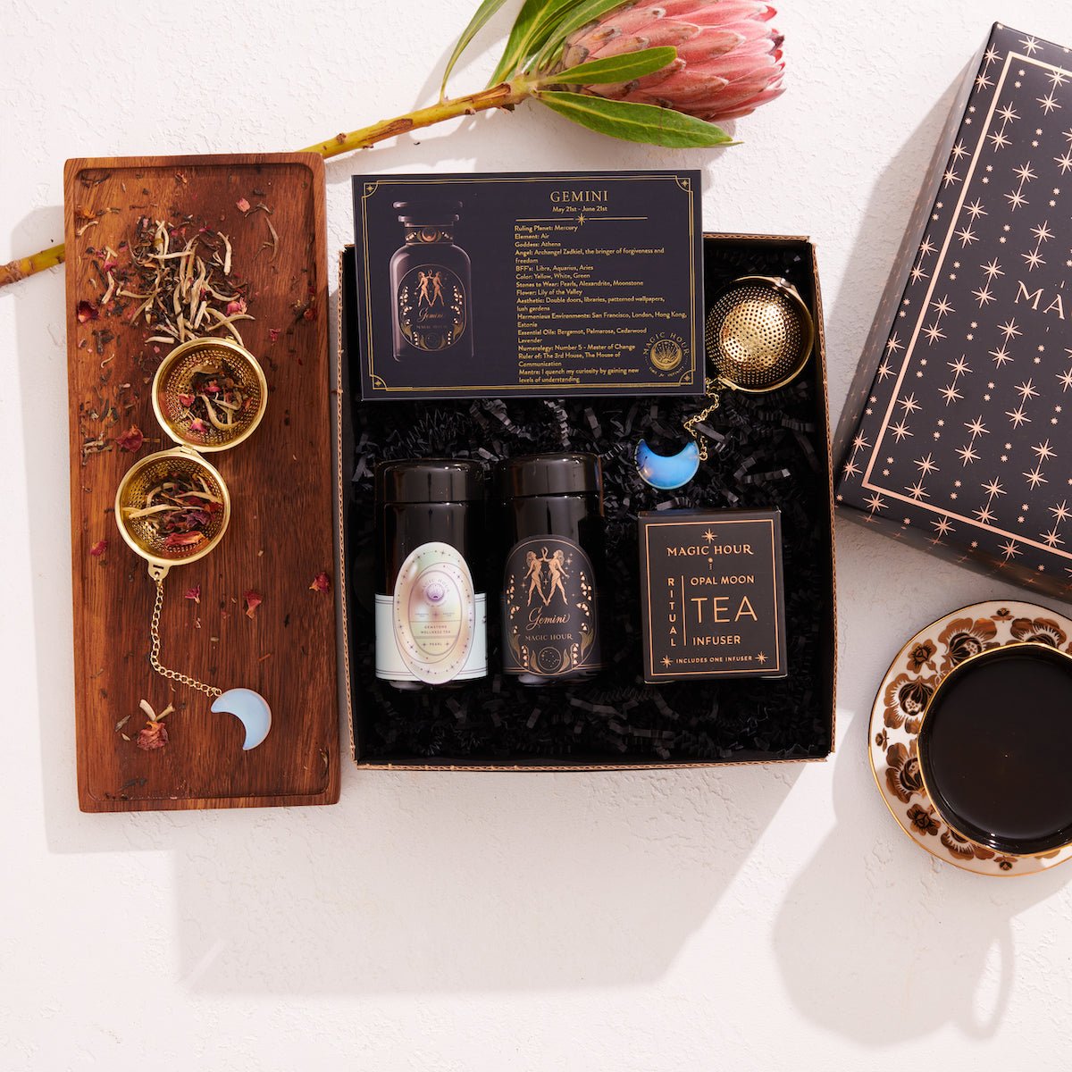 Cosmic Gemstone Mini Gift Set: Astrology Tea & Gemstone Wellness Tea Curated by Birth Month-June: Gemini Sampler Pouch with Pearl Traveler Jar-Magic Hour