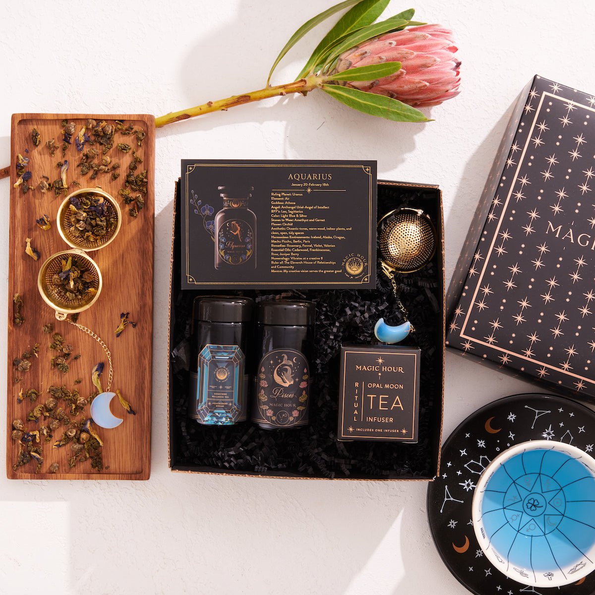 Cosmic Gemstone Mini Gift Set: Astrology Tea &amp; Gemstone Wellness Tea Curated by Birth Month-March: Pisces Sampler Pouch with Aquamarine Dream Traveler Jar-Magic Hour