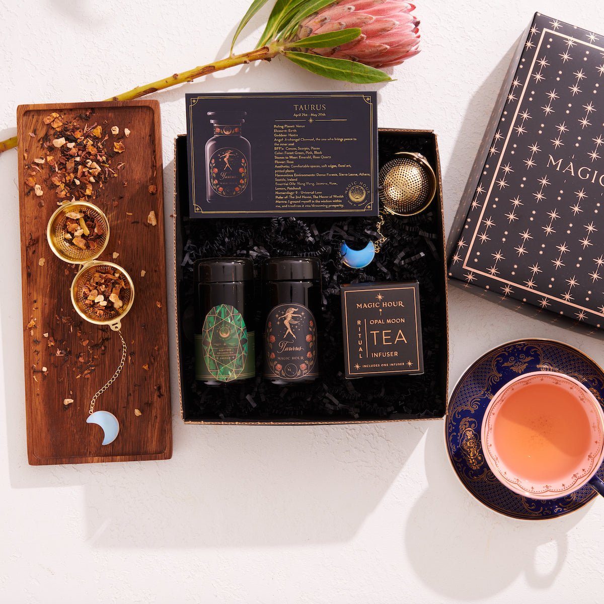 Cosmic Gemstone Mini Gift Set: Astrology Tea & Gemstone Wellness Tea Curated by Birth Month-May: Taurus Sampler Pouch with Emerald Traveler Jar-Magic Hour