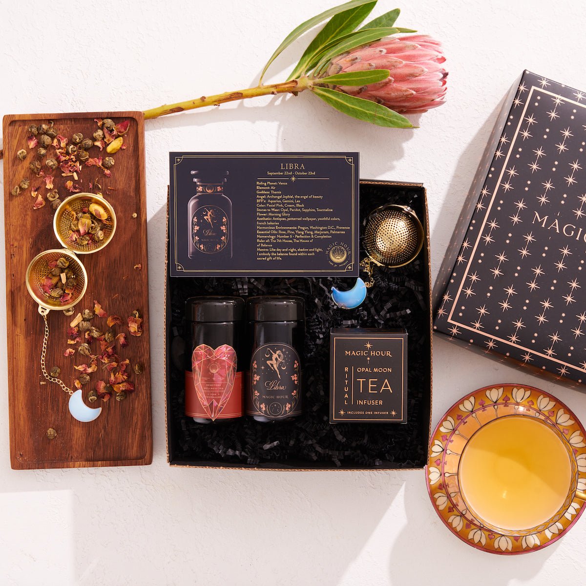 Cosmic Gemstone Mini Gift Set: Astrology Tea &amp; Gemstone Wellness Tea Curated by Birth Month-October: Libra Sampler Pouch with Pink Tourmaline Traveler Jar-Magic Hour