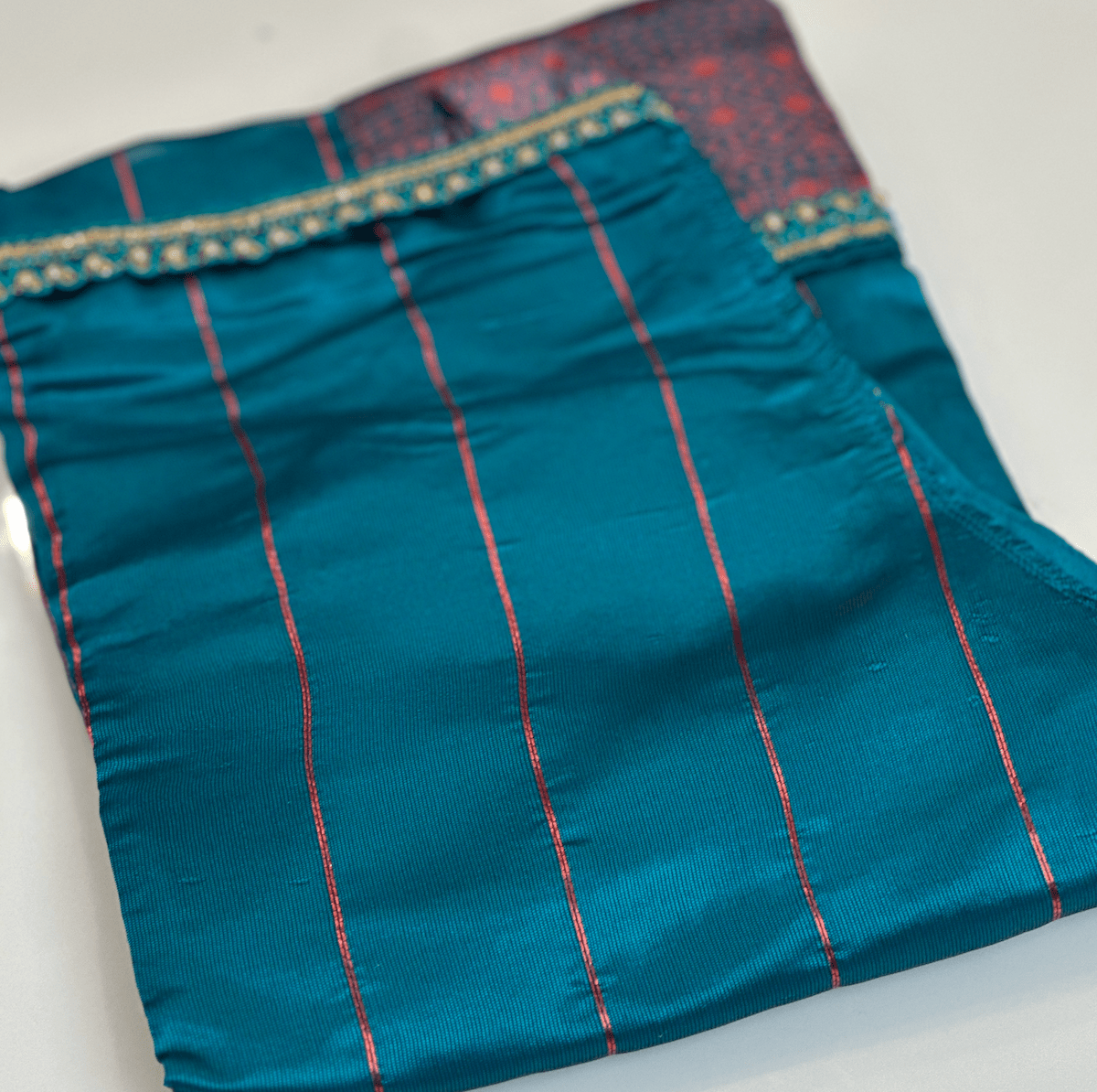 Elevate Everyday Handmade Sari Apron-Peacock Green with Copper Stripes 
