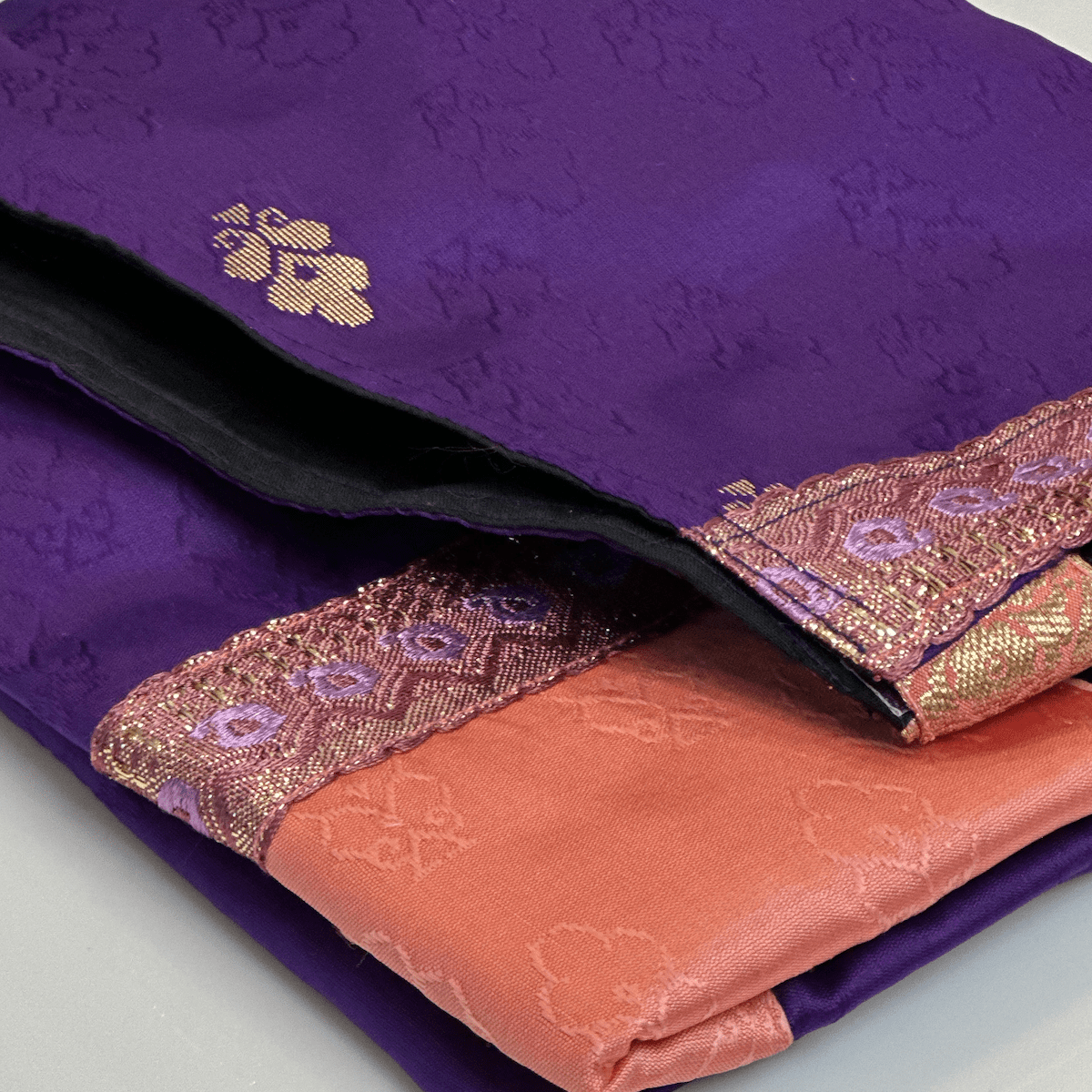 Elevate Everyday Handmade Sari Apron-Woven Purple with Peace Accent 