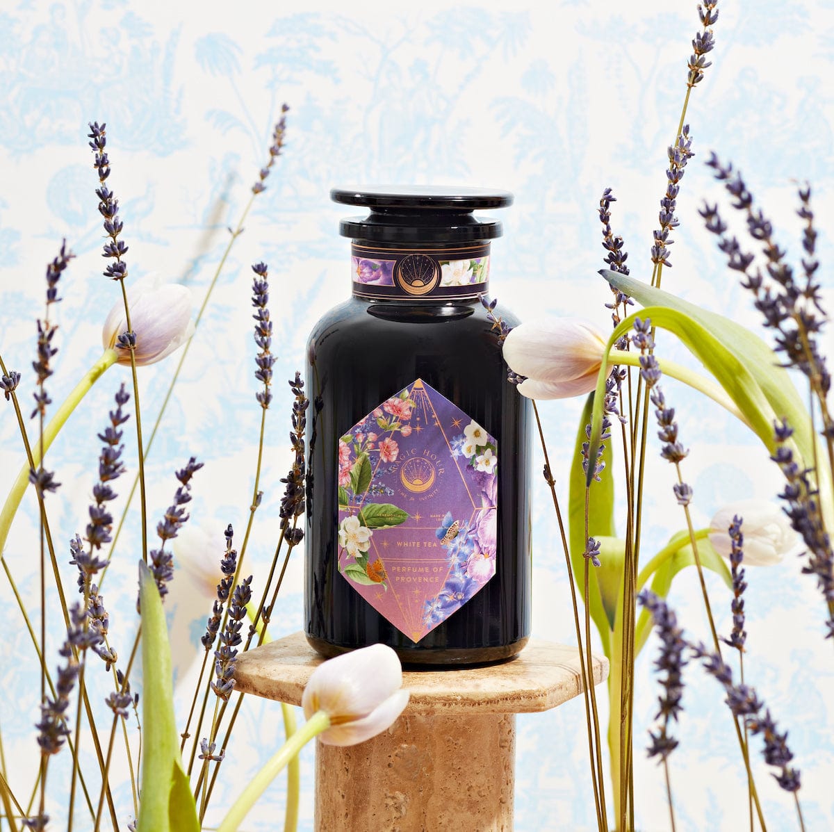 Perfumes of Provence: Lavender Bouquet Tea for Calm Moods and Beautiful Skin-Violet Glass Apothecary Jar (Up to 65 Cups)-Magic Hour